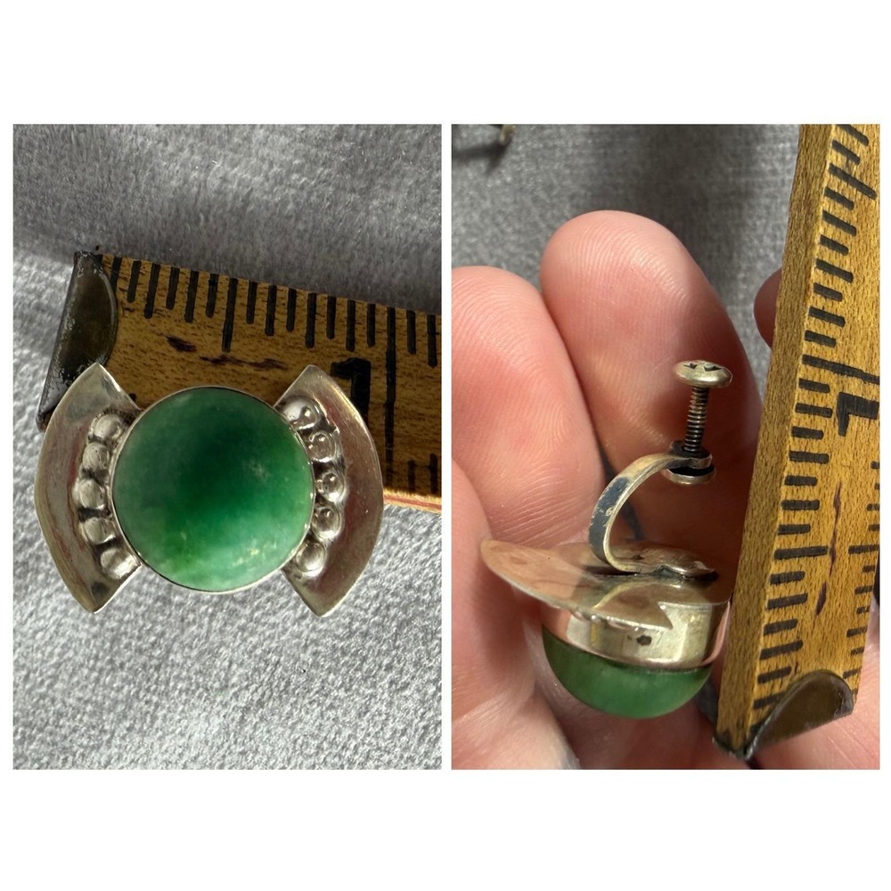 Vtg Mexico Silver Green Stone Cabochon Screw Back Earrings Mid Century Deco 11g - Picture 7 of 11
